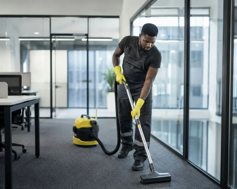 Cleaner vacuuming the carpet of an open-plan office