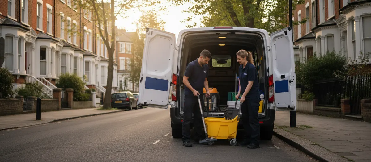 Cleaning team unloading equipment from a van on a terraced residential street