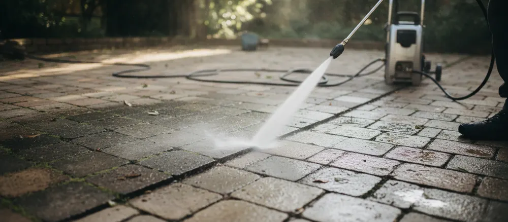 Pressure washer cleaning block paving